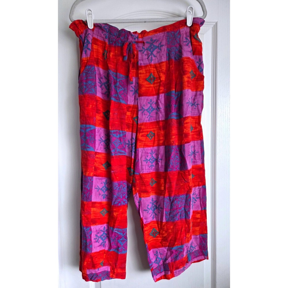 Jams World East Block Rayon Wide Leg Pants XL Red‎ Purple Abstract Floral Hawaii